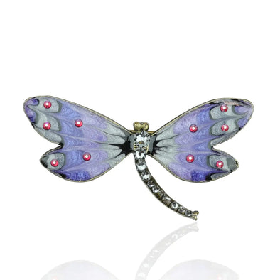 Purple Black and Gray Artisan Enameled Crystal Dragonfly Pin