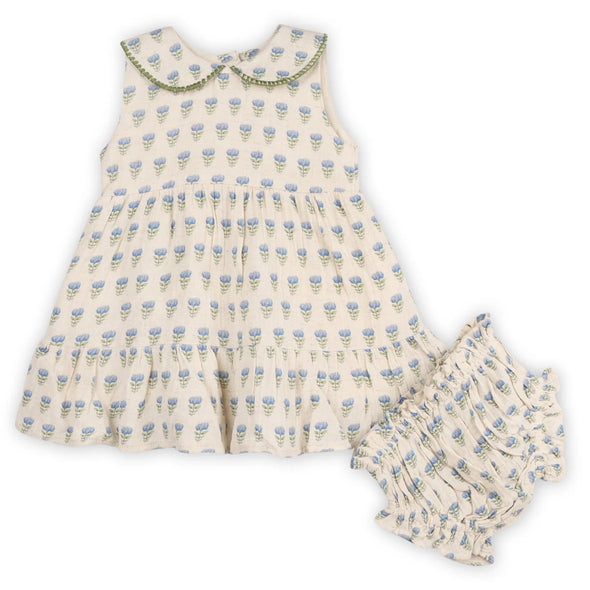 Harper Peter Pan Collar Floral Baby Flare Dress + Bloomer in Blue Floral
