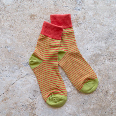 2 Tone Stripe Socks in Coral/Olive