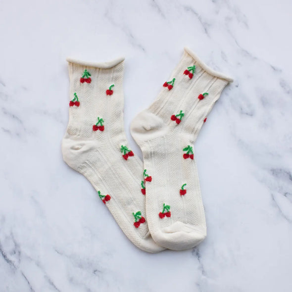 Women's Vintage Cherry Socks in Oatmeal