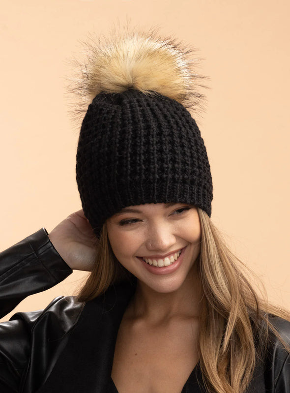 Faux Fur Classic Pom Hat in Black/Natural