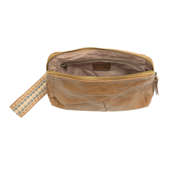 Gigi Crossbody with Woven Wristlet Strap in Tan