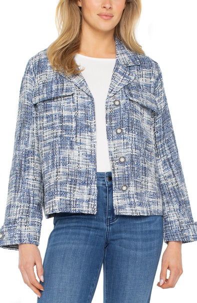Button Boxy Shacket in Blue Multi