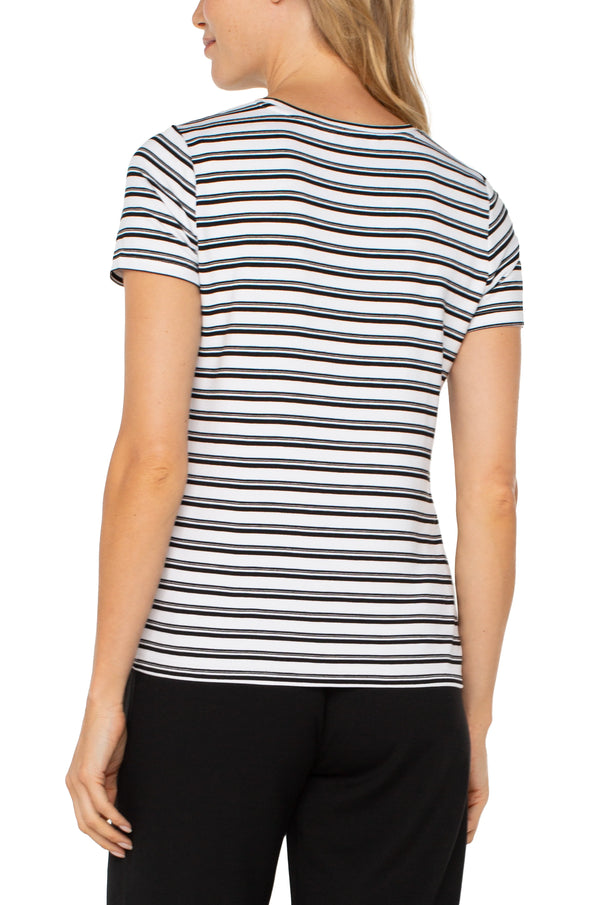 Short Sleeve Crew Knit Tee in White/Black Variegated Stripe