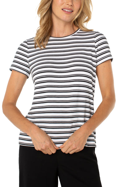 Short Sleeve Crew Knit Tee in White/Black Variegated Stripe