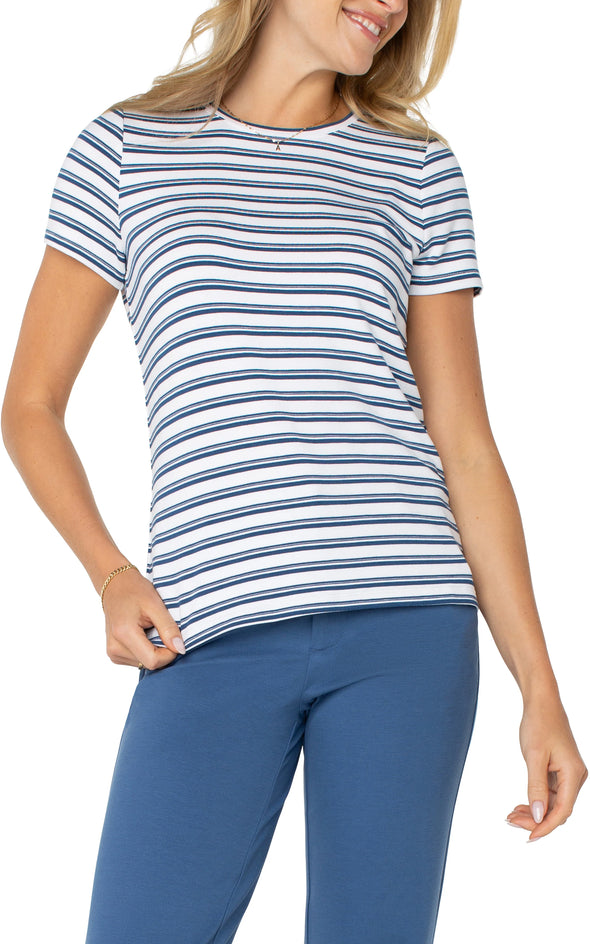 Short Sleeve Crew Neck Classic Knit Tee in White/Indigo Stripe