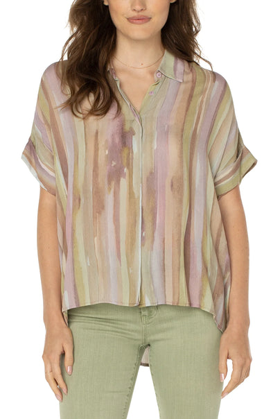 Camp Shirt Hi-Lo Hem in Watercolor Stripe