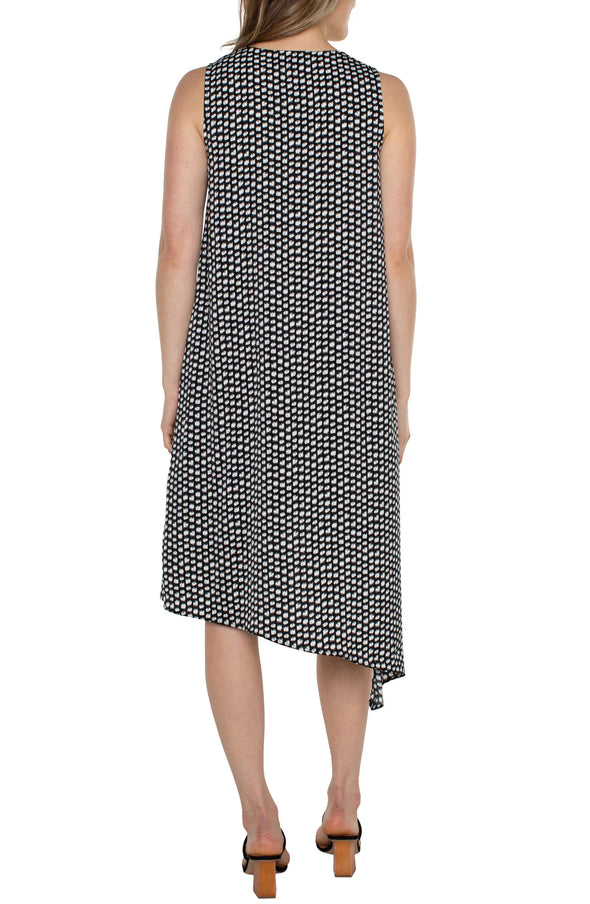 Sleeveless Dress with Asymmetrical Hem in Black/White Dot