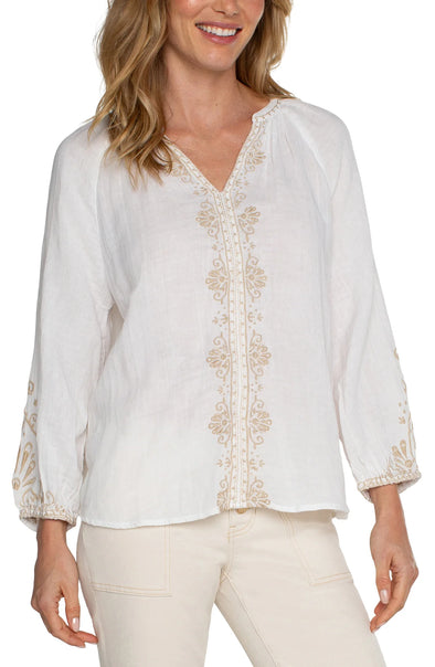Embroidered Double Gauze Top in Off White Tan