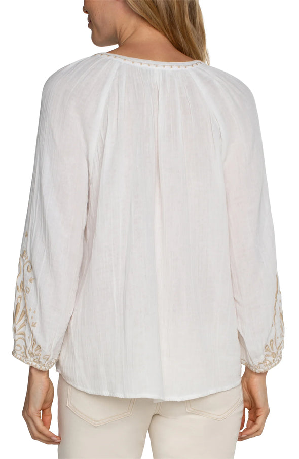 Embroidered Double Gauze Top in Off White Tan
