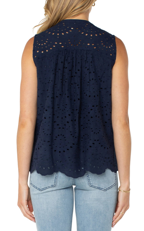 Sleeveless Pintuck Woven Top in Navy