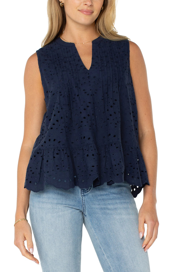 Sleeveless Pintuck Woven Top in Navy