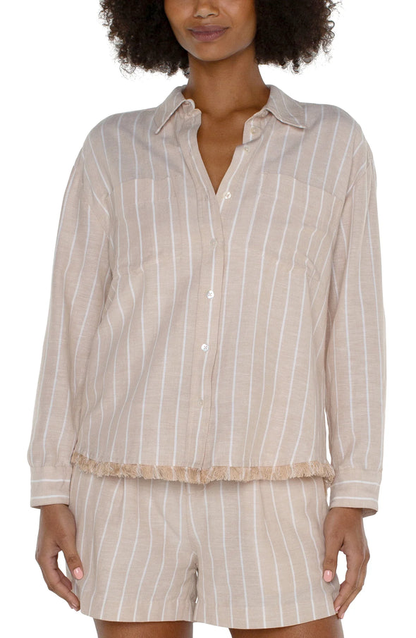 Frayed Hem Cropped Button Front Top in Tan Yard Dyed Stripe