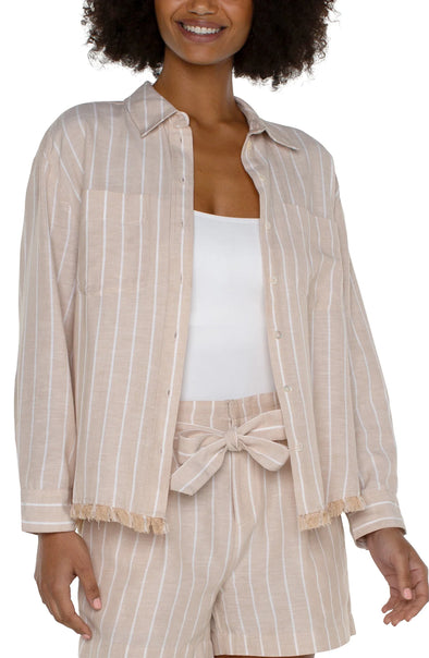 Frayed Hem Cropped Button Front Top in Tan Yard Dyed Stripe