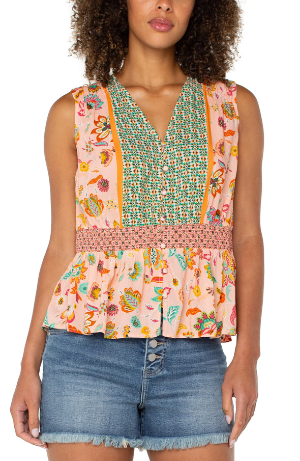 Woven Top Smocked Waist in Pink/Green Floral