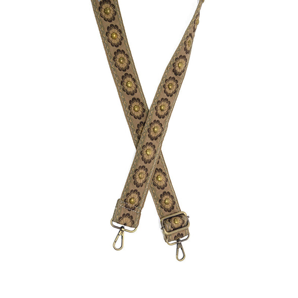 Studded Daisy Embroidered Guitar Strap in Tan 1.5"