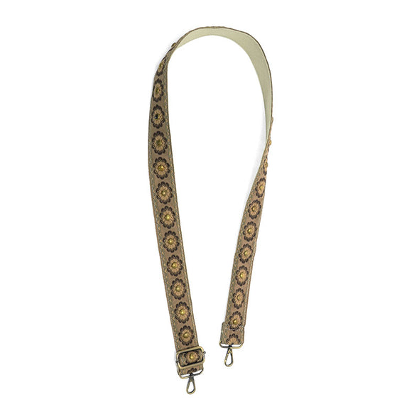 Studded Daisy Embroidered Guitar Strap in Tan 1.5"