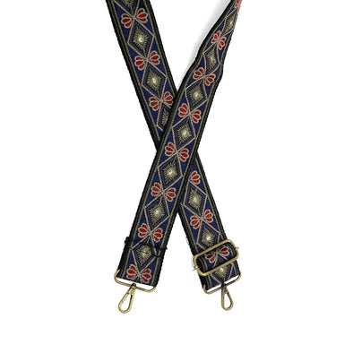 Navy Ornate Diamond Embroidered Guitar Strap 2"