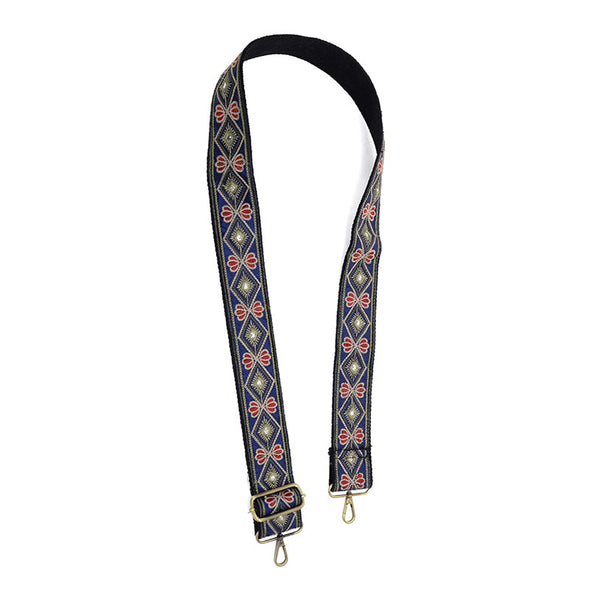 Navy Ornate Diamond Embroidered Guitar Strap 2"