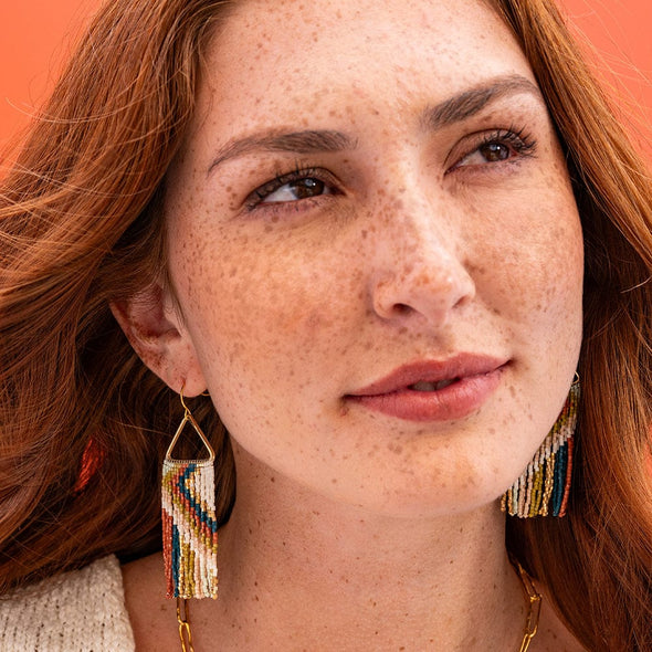 Paige Ascending Blocks Beaded Fringe Earrings Desert