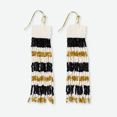 Billie Mixed Horizontal Stripes Beaded Fringe Earrings Black AND Gold