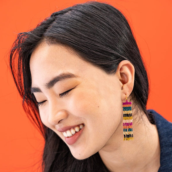 Billie Mixed Horizontal Stripes Beaded Fringe Earrings Jewel Tone