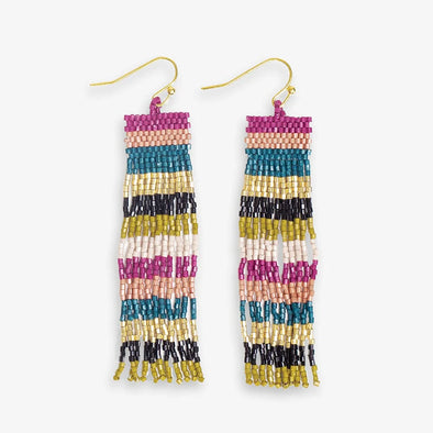 Billie Mixed Horizontal Stripes Beaded Fringe Earrings Jewel Tone