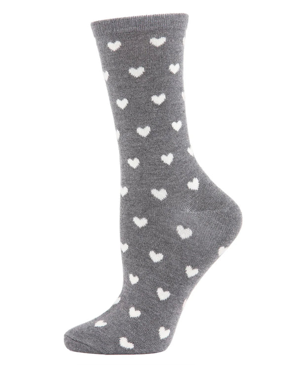 Soft Heart Print Cashmere Blend Crew Sock in Medium Grey Heather