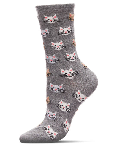 Cheerful Cat Face Cashmere Crew Socks in Medium Grey Heather