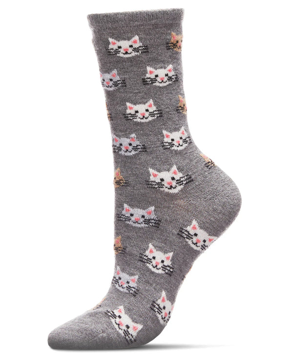 Cheerful Cat Face Cashmere Crew Socks in Medium Grey Heather