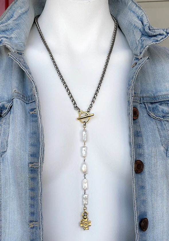 Angelica Pearl Rosary Toggle Necklace Silver Chain/Gold Charm