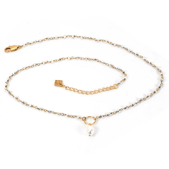 Bree 18" Silver Pyrite Gold Chain Pearl Rosary Lariat