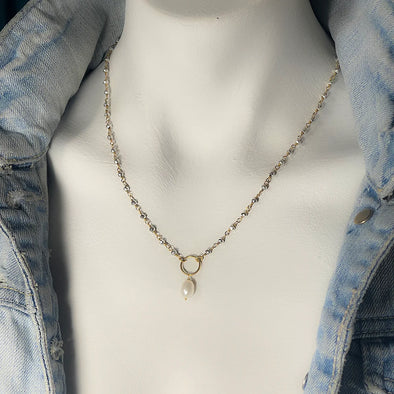 Bree Baroque Pearl Lariat Necklace in Silver Pyrite Gold Brass Wire - 18"