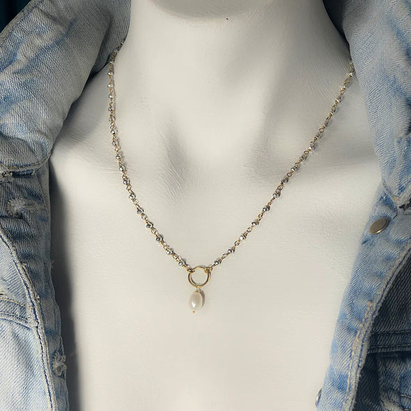Bree Baroque Pearl Lariat Necklace in Silver Pyrite Gold Brass Wire - 18"