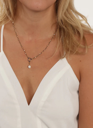 Bree Baroque Pearl Lariat Necklace in Gold Pyrite Blackened Brass Wire - 18"