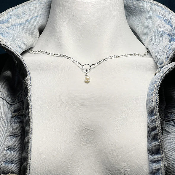 Bree Baroque Pearl Lariat Necklace in Silver Pyrite Blackened Brass Wire - 18"