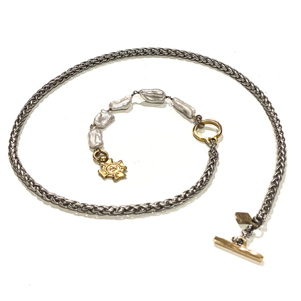 Angelica Pearl Rosary Toggle Necklace Silver Chain/Gold Charm