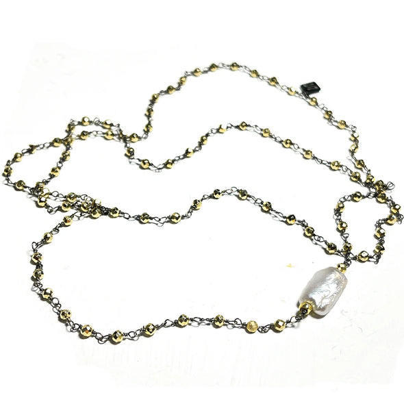 Janet Gold Pyrite with Pearl Rosary Black Chain