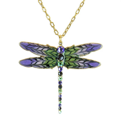 Green Pink & Purple Hand Painted Crystal Dragonfly Necklace