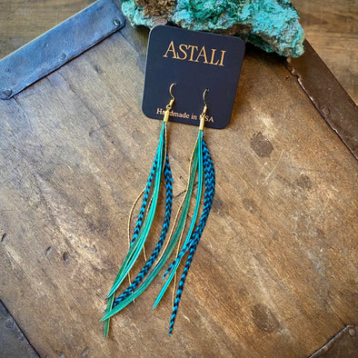 Mini Feather Earrings in Green & Turquoise Grizzly