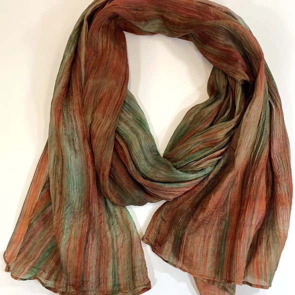 Watercolor Silk Scarf in Rust & Olive Green