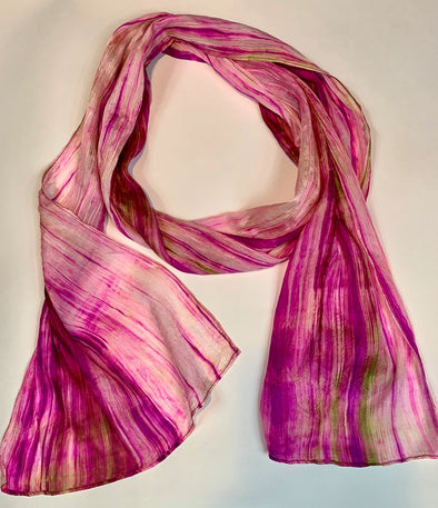 Silk Skinny Watercolor Scarf in Magenta & Olive