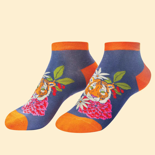 Floral Tiger Trainer Socks in Indigo