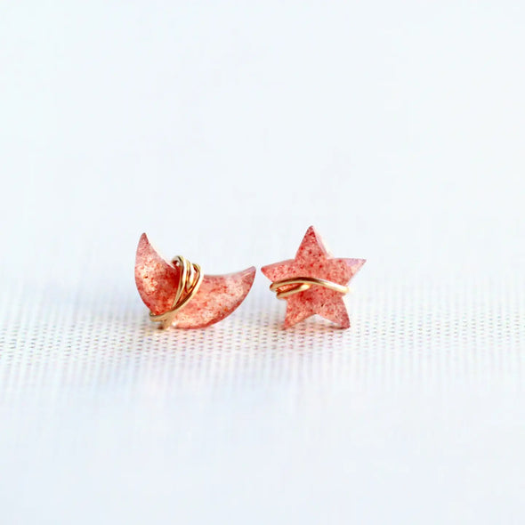 Moonbeam + Stardust Studs - Strawberry Quartz & Gold Fill