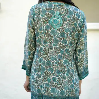 KDC Embroidered Teal Olive Silk Tunic