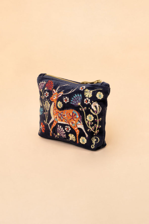 Velvet Mini Pouch - Deer Folk Art Slate