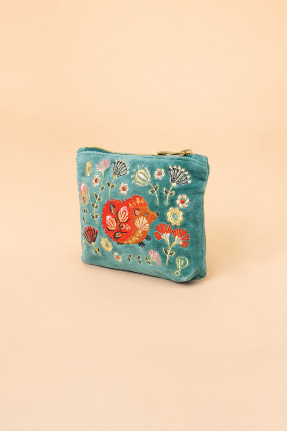 Velvet Mini Pouch - Folk Art Hedgehog Aqua