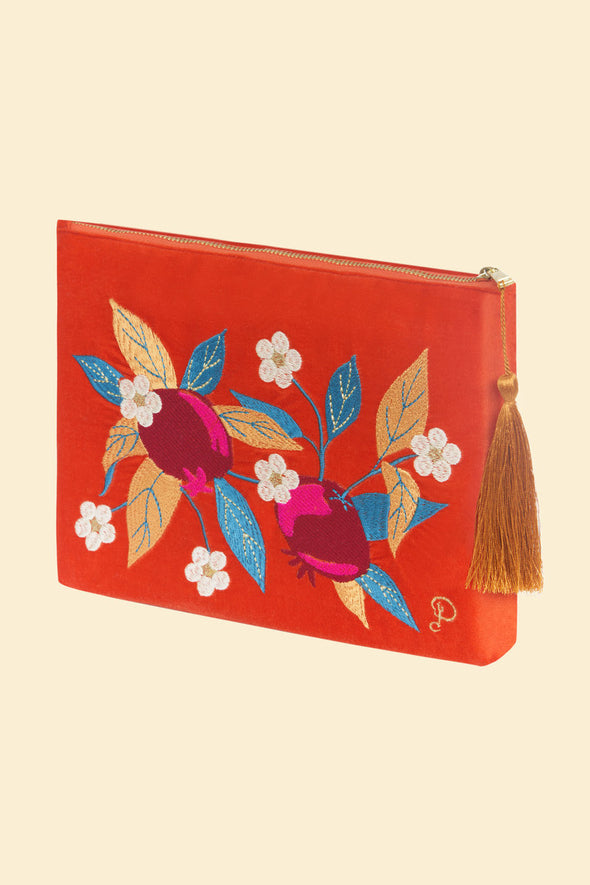 Velvet Zip Pouch - Pomegranate Tangerine