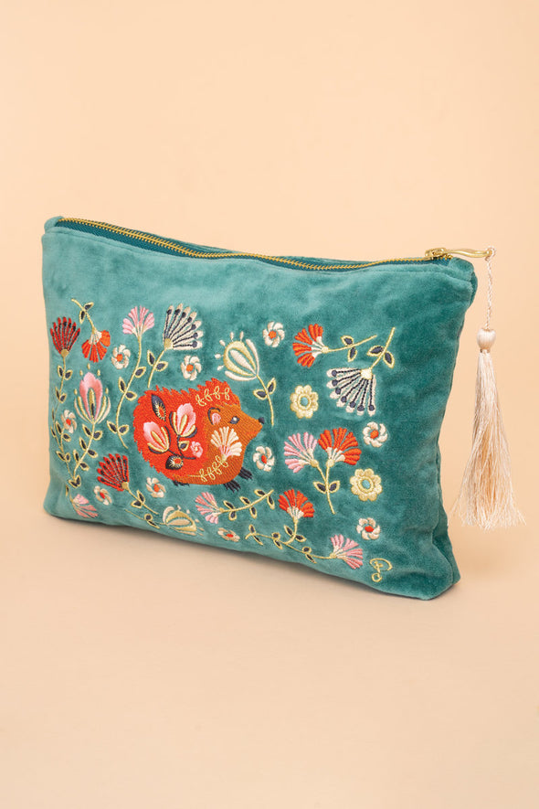 Velvet Zip Pouch - Folk Art Hedgehog Aqua