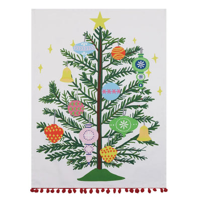 Vintage Christmas Tree With Pom Pom Printed Towel